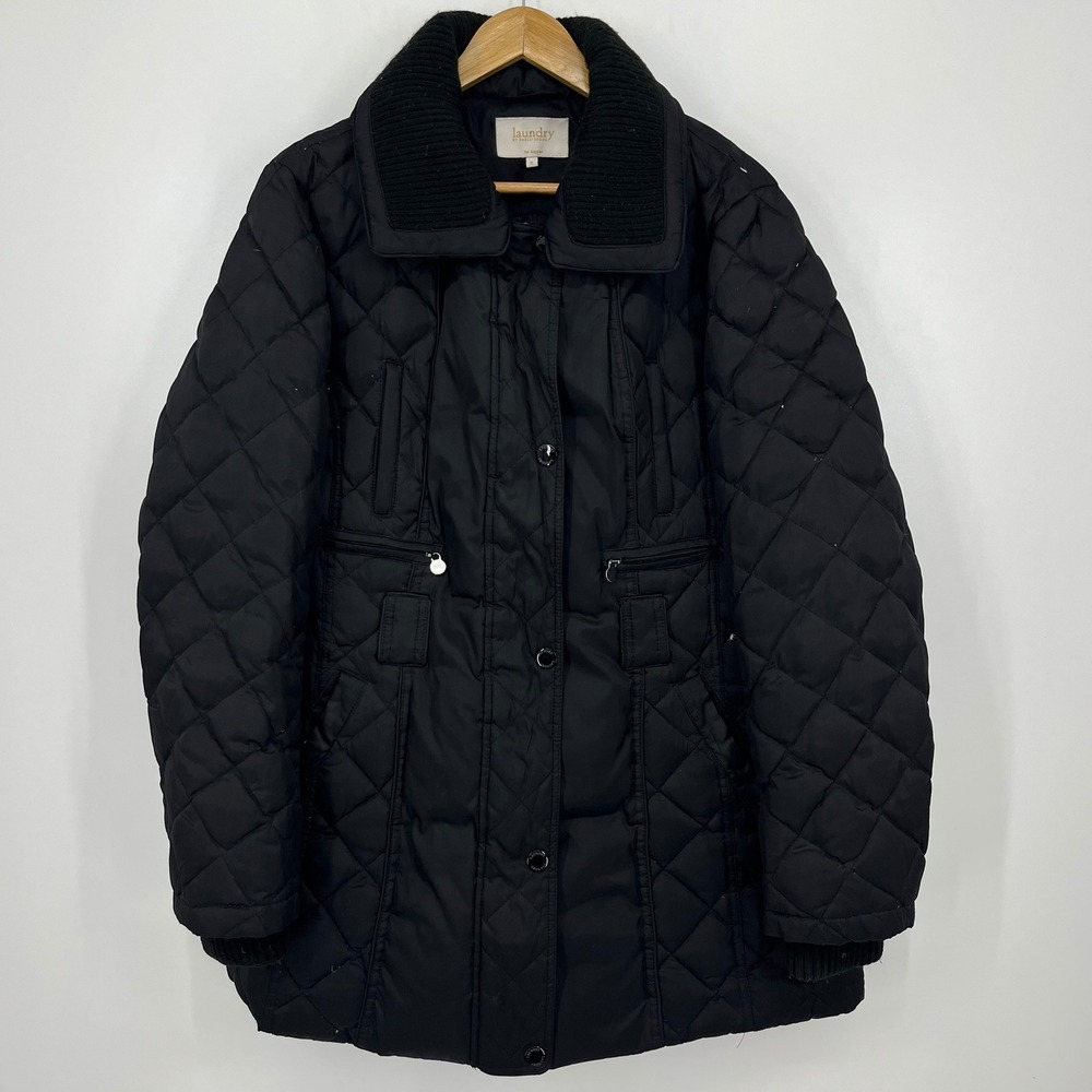 Laundry by‎ Shelli Segal Womens Black Quilted Down Puffer Coat Ribbed Collar XL